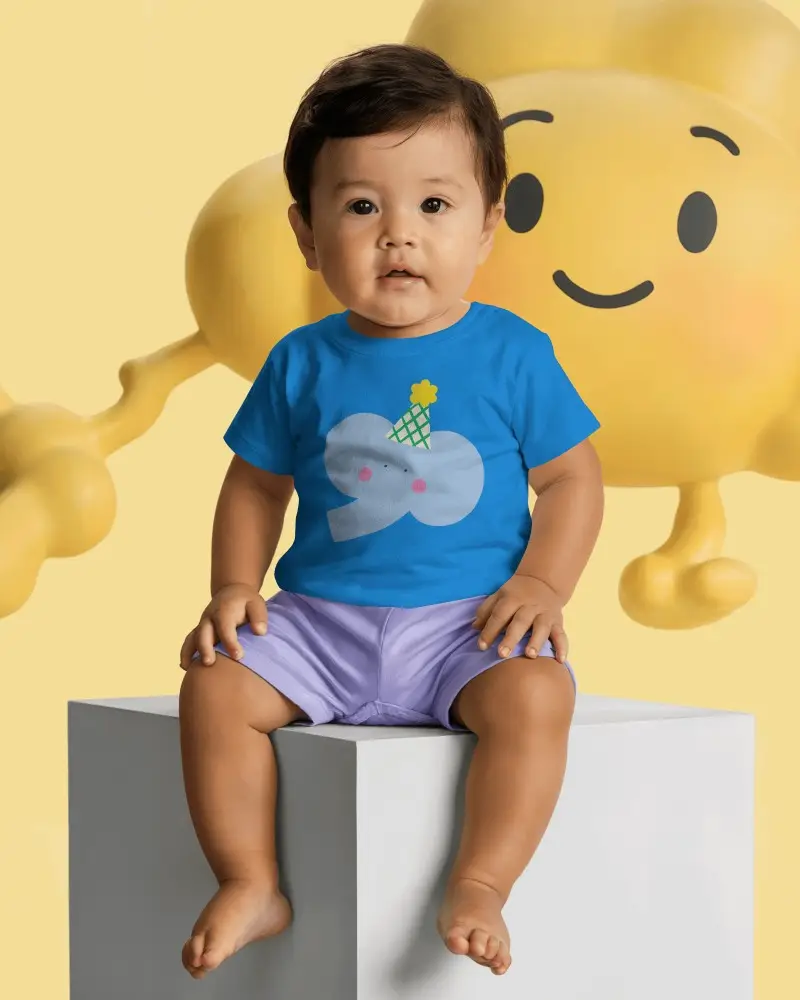 Baby Tee Mockup Infant Wearing Tshirt Sitting On Cube With Playful Yellow Character Backdrop