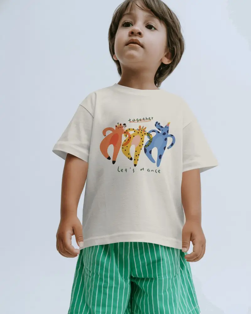 Kids T Shirt Mockup Child Wearing Tshirt Sitting On Floor In Clean Minimal Studio Setting