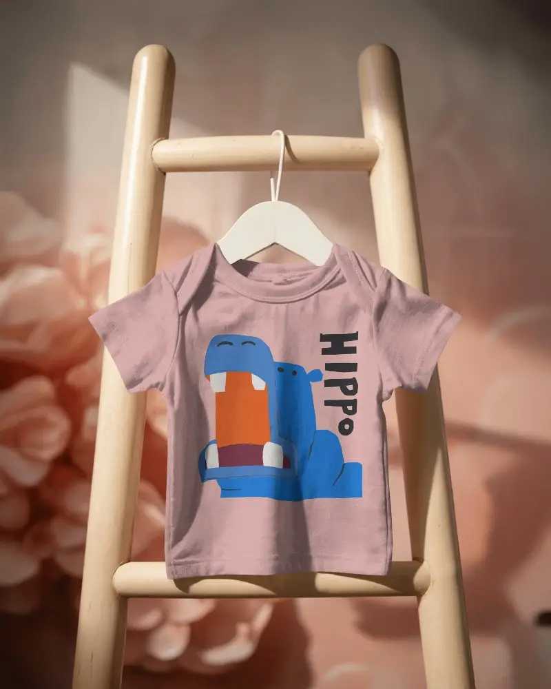 Baby Tee Mockup Gray Infant Tshirt On Wooden Ladder With Soft Floral Backdrop And Warm Studio Light