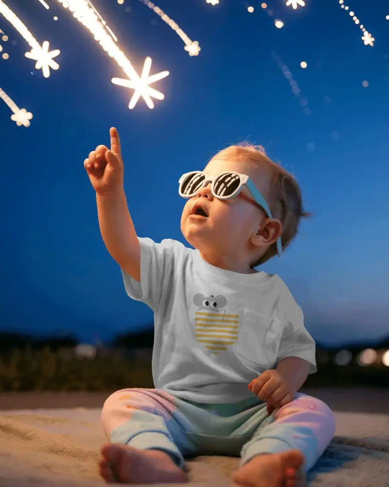 Baby Tee Mockup Toddler Wearing Dark Tshirt Outdoors At Night Reaching For Glowing Stars