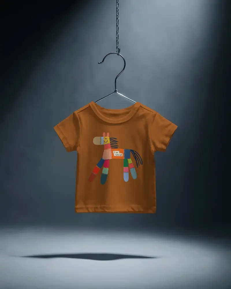 Baby Tee Mockup Dark Studio Infant Tshirt Hanging On Metal Hook With Dramatic Spotlight Lighting