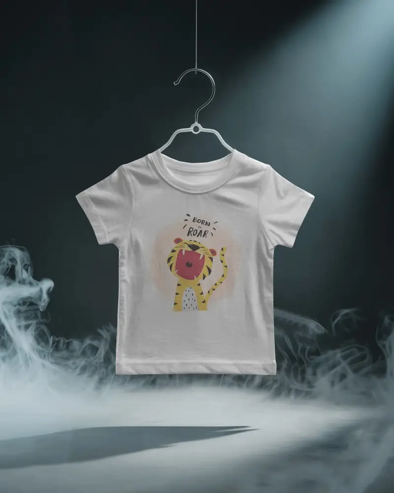 Baby Tee Mockup Black Infant Tshirt Hanging In Dark Studio With Dramatic Light And Fog Effect