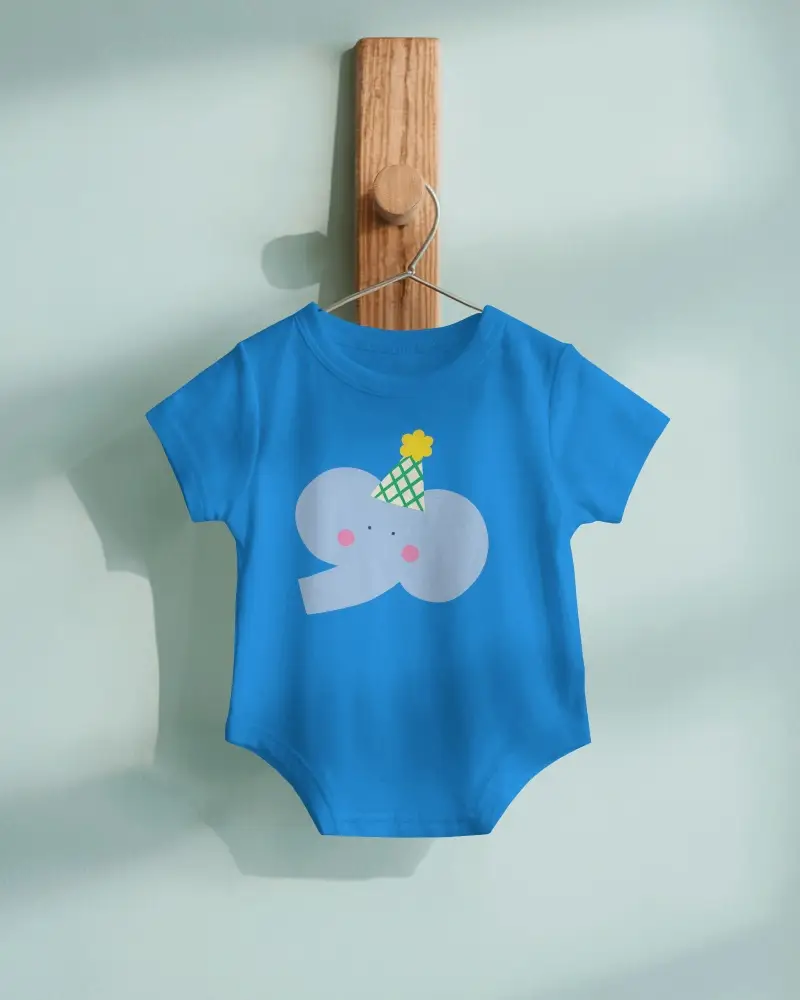 Baby Tee Mockup Infant Bodysuit Hanging On Wooden Hook With Soft Pastel Wall Background