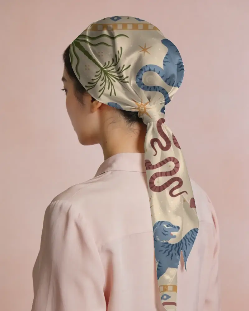Elegant Shiny Bandana Mockup Wrap Around Head With Long Draped Tail For Fashion Statement