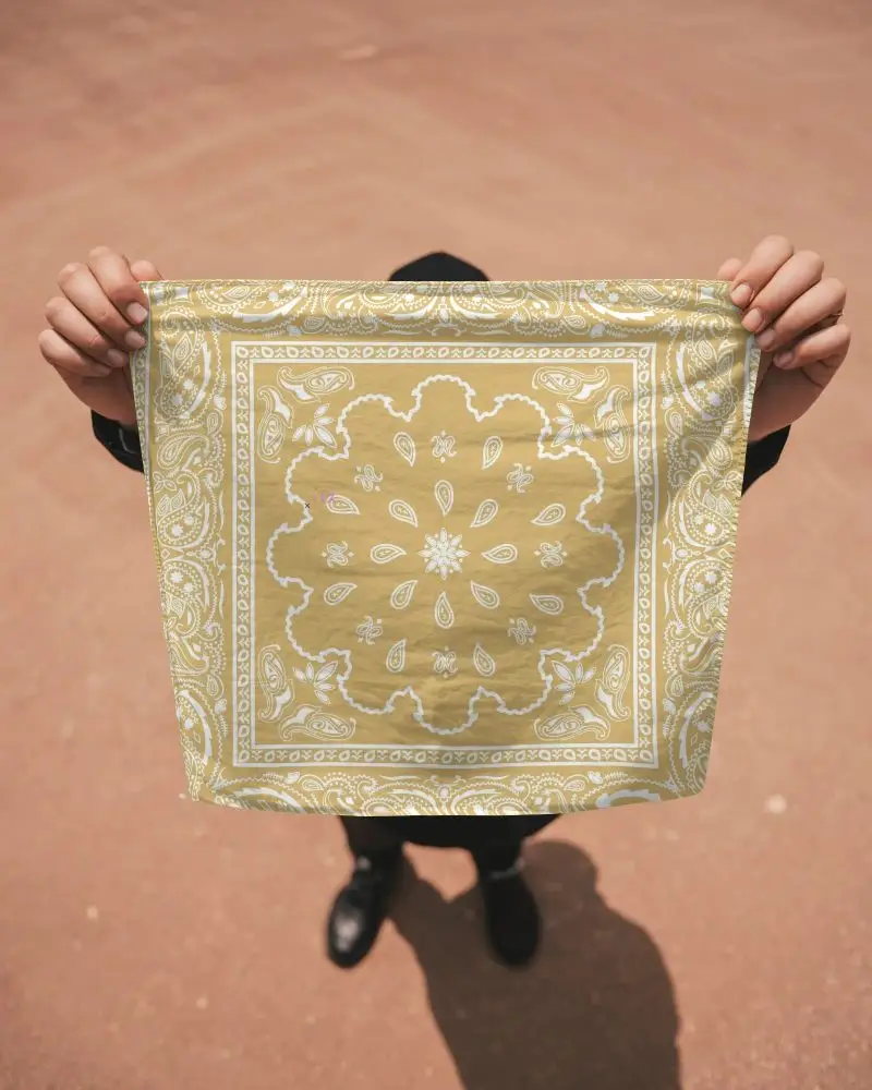 Realistic Bandana Mockup Holding Square Cloth Display For Branding And Print Showcase