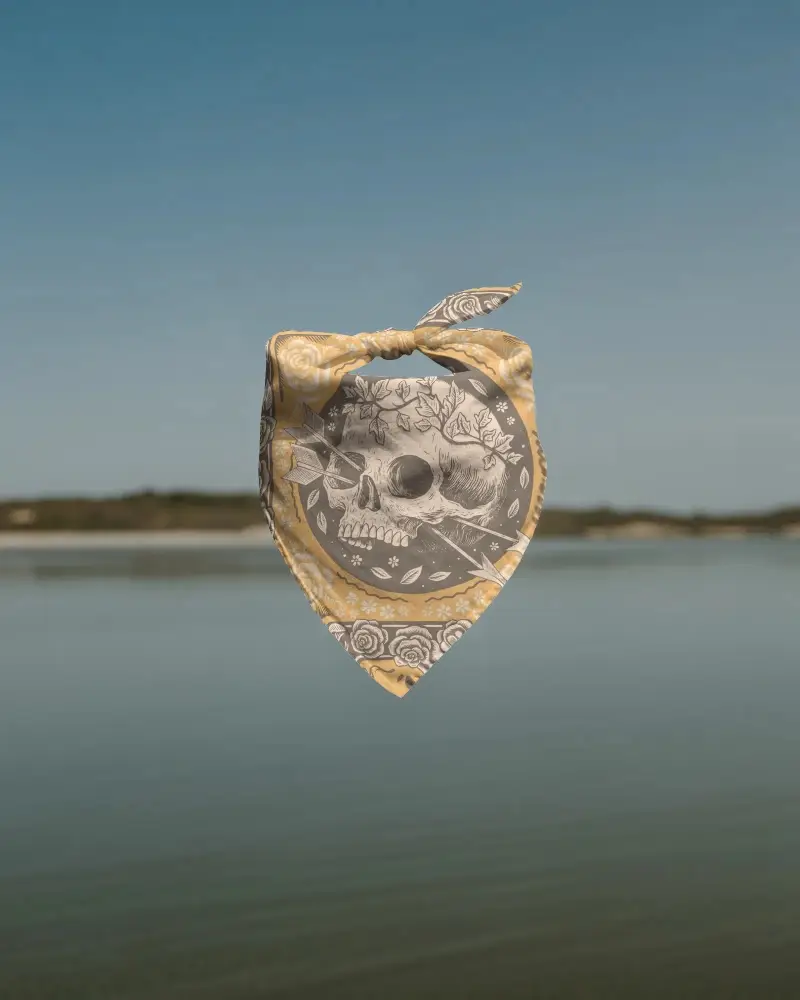 Premium Fabric Bandana Mockup With Tied Knot Floating In Natural Outdoor Environment