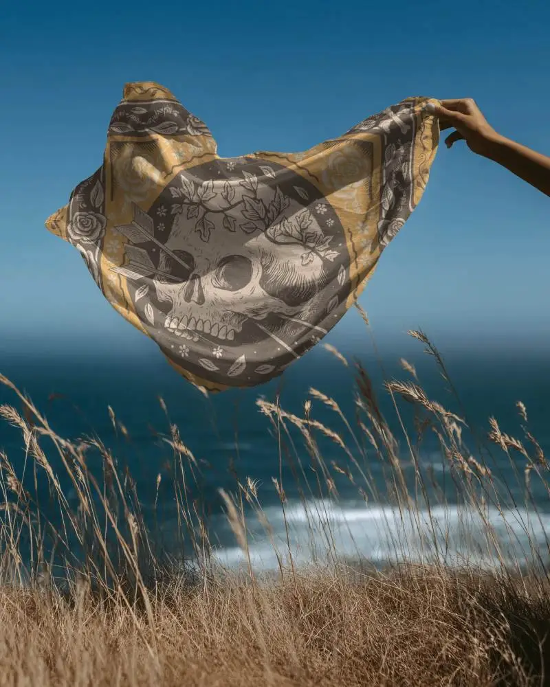 Lightweight Soft Bandana Mockup Over Natural Beach Grass With Ocean Background Summer Style