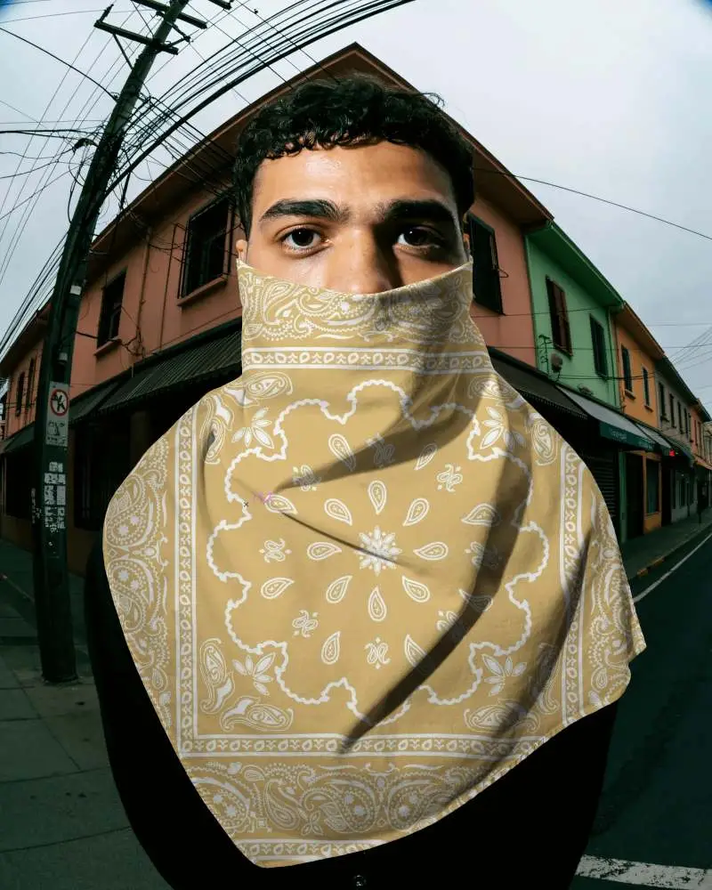 Stylish Urban Bandana Mockup For Bandana Wearing On Face With Folded Fabrics In Street Setting