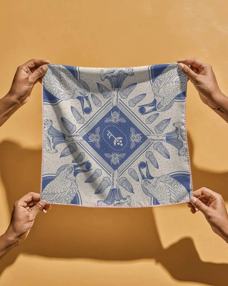 Soft Fabric Bandana Mockup Four Hands Holding Square Cloth Ideal For Branding