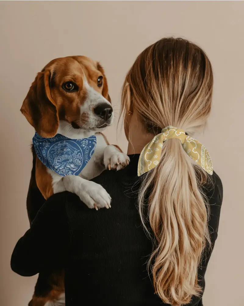 Realistic Bandana Mockup For Pets And Humans Showcasing Matching Accessory Designs