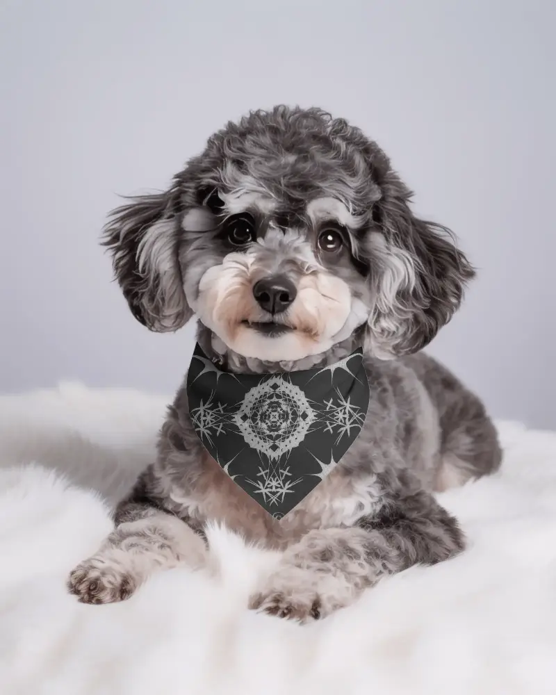 Cozy Small Dog With Fashionable Bandana Mockup On Fluffy White Texture Background