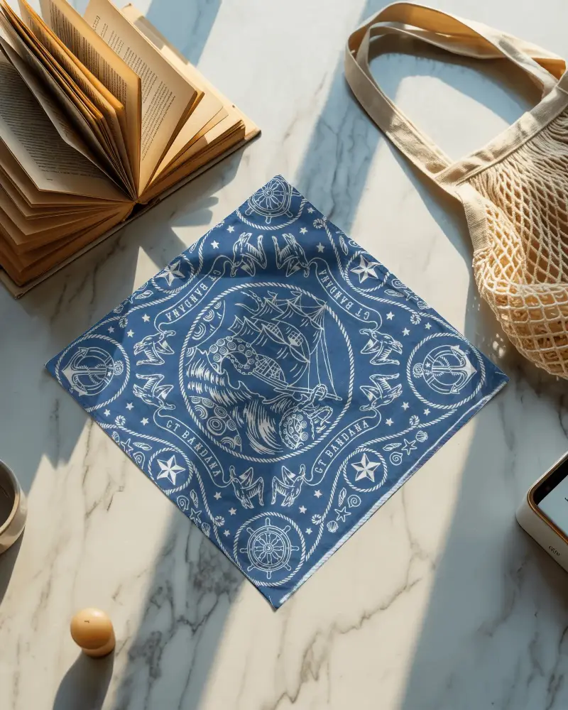 Realistic Square Bandana Design Mockup Showcasing Texture And Edging On Marble Surface