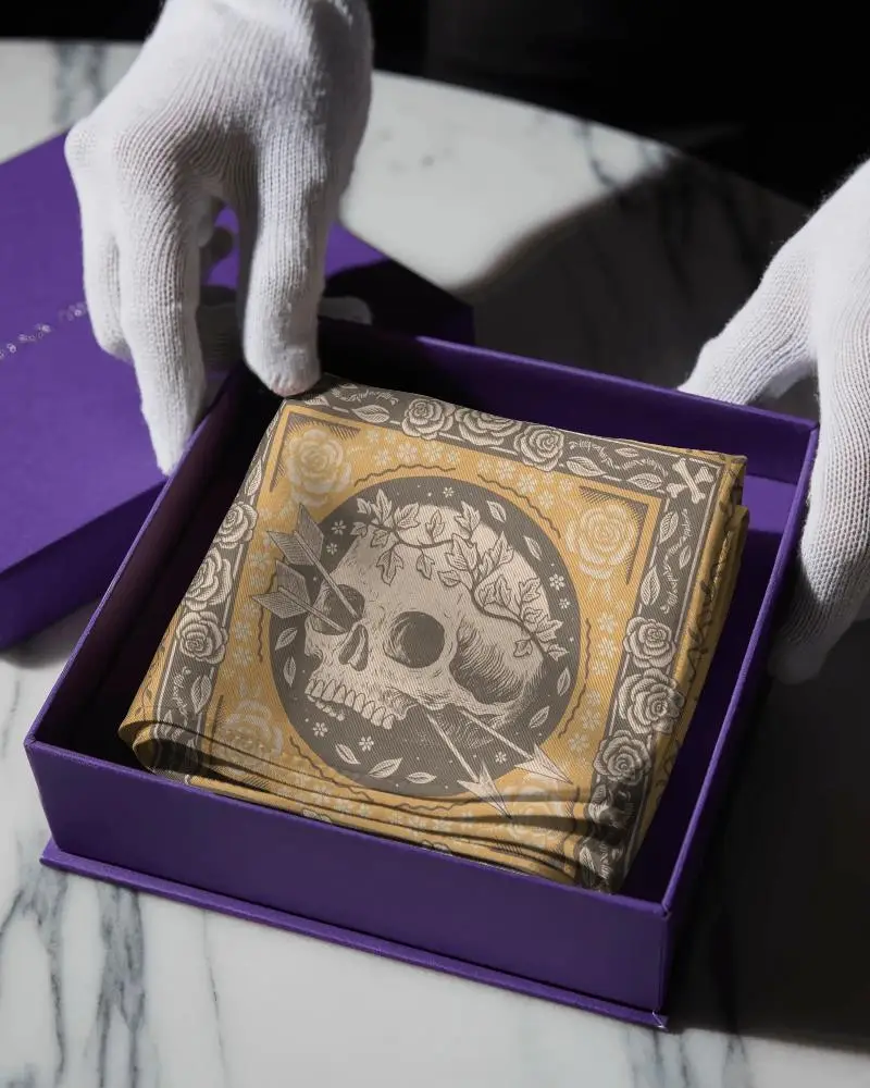 Premium Silky Bandana Folded Neatly In Luxury Packaging With Gloved Hands Presenting The Product