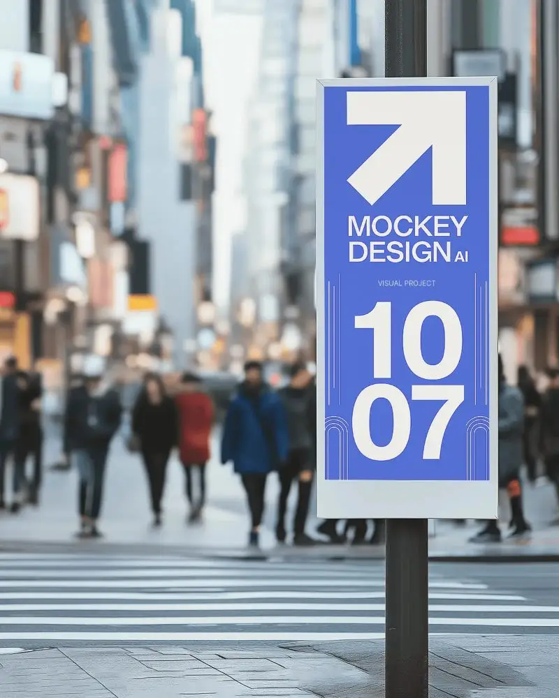 Vertical Street Banner Mockup On Metal Post With Blurred City Pedestrians And Crosswalk