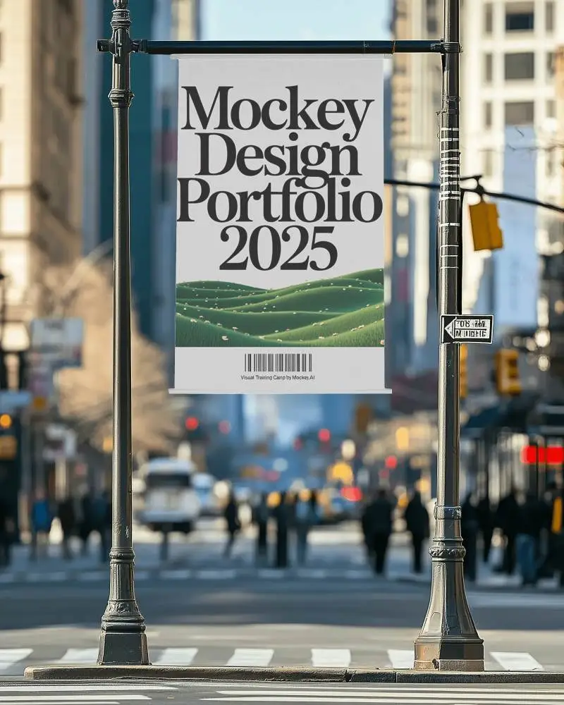 Vertical Banner Mockup Hanging On Street Light Post With Busy City Crosswalk View