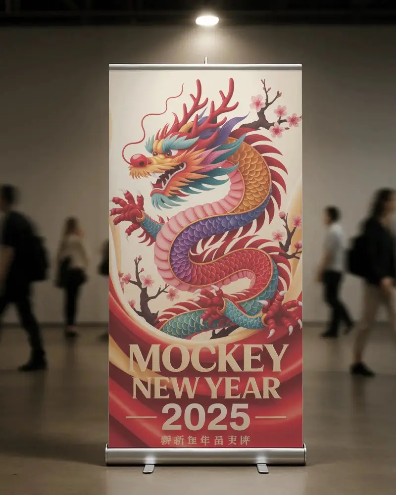 Roll Up Banner Mockup In Busy Event Hall With Motion Blur Of Walking Attendees