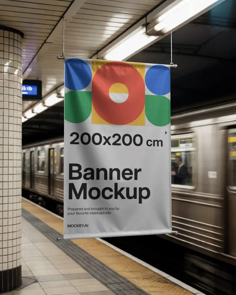 Vertical Subway Banner Mockup Hanging From Ceiling Inside Underground Platform With Train And Tiles In Background