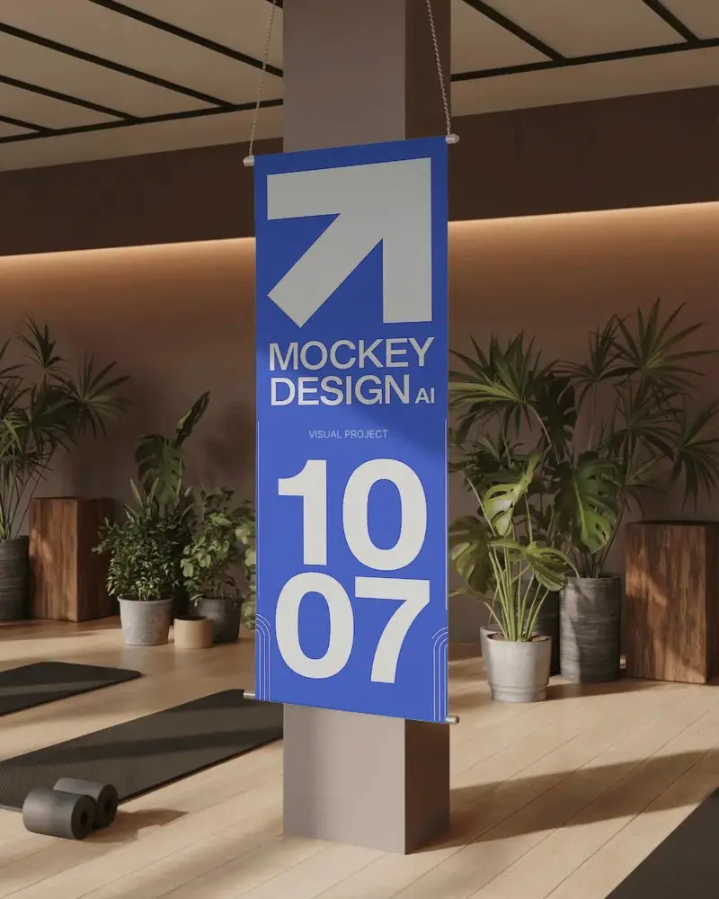 Modern Yoga Studio Banner Mockup Hanging From Ceiling With Sunlight And Potted Greenery Decoration