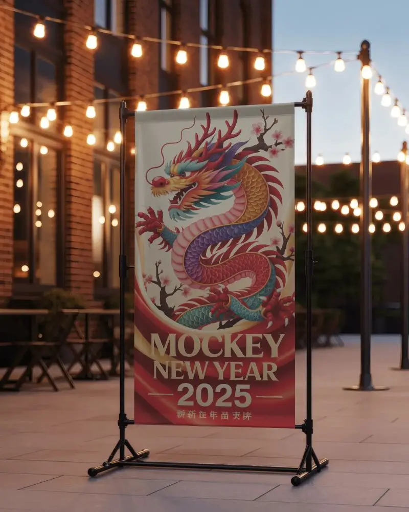Outdoor Evening Banner Mockup With String Lights And Brick Building In Cozy Urban Courtyard