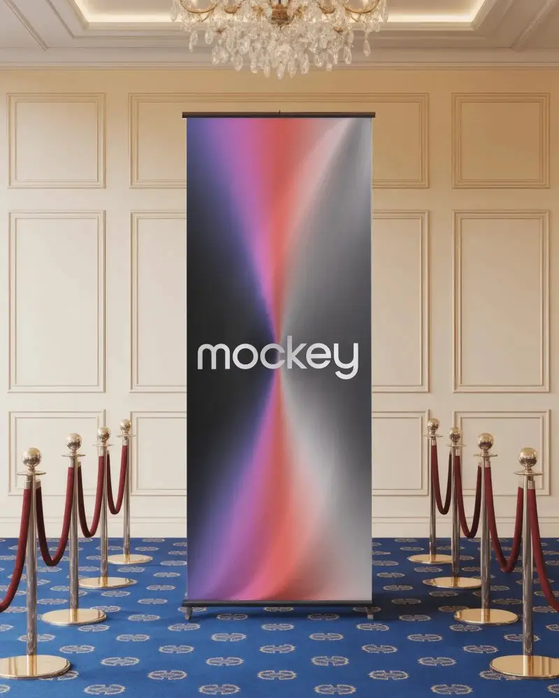 Luxury Event Banner Mockup In Formal Hall With Gold Trim Panels And Royal Blue Carpet Decoration