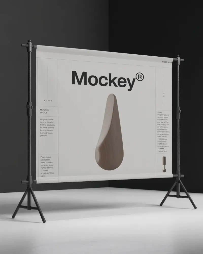 Minimalist Studio Banner Mockup With Tripod Stand And Clean White Floor In High Contrast Room