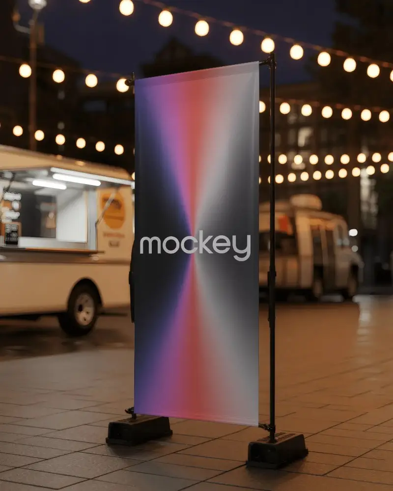 Night Market Banner Mockup With Festive String Lights And White Food Truck Background