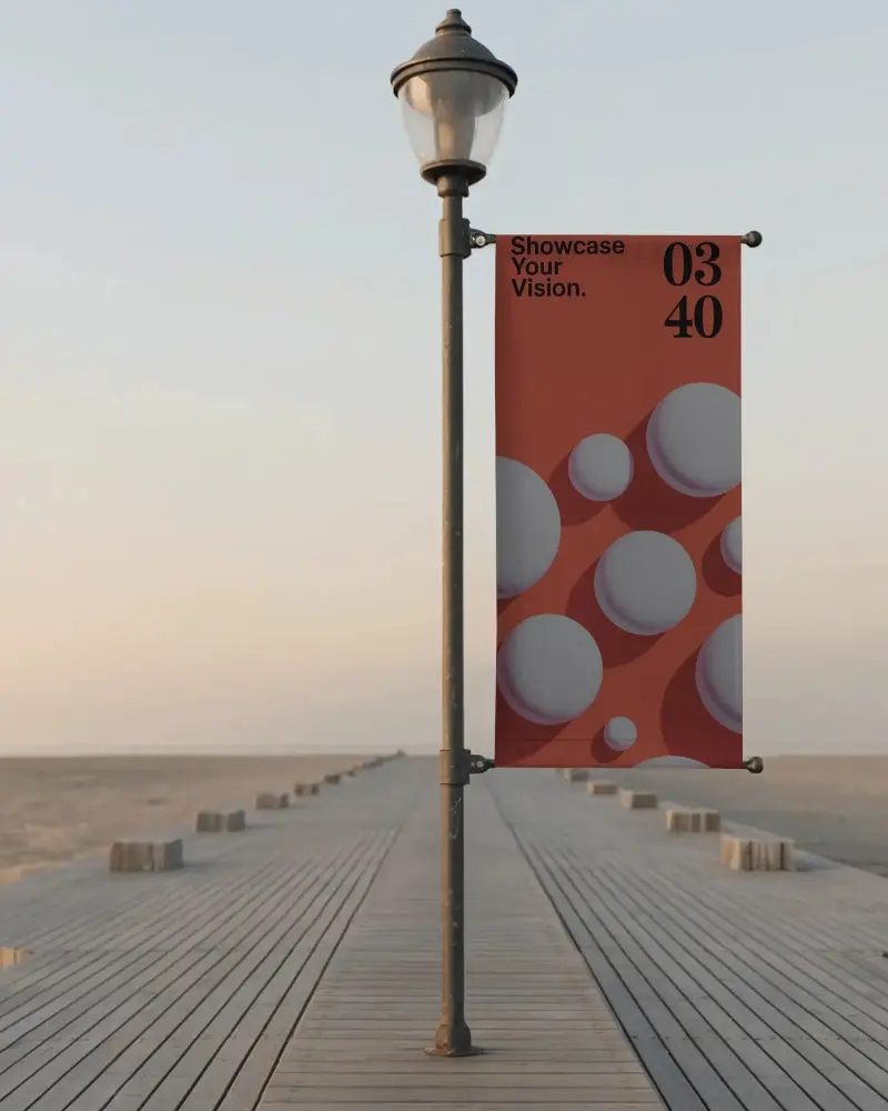 Boardwalk Banner Mockup On Vintage Lamp Post With Ocean Horizon And Soft Morning Light