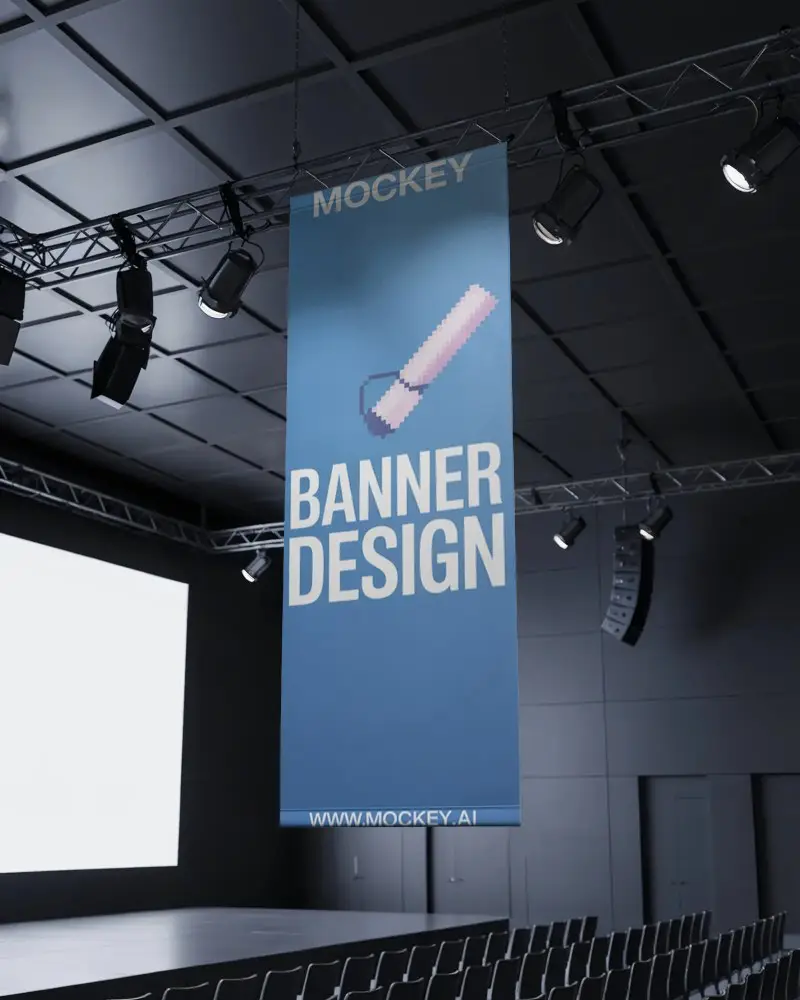 Indoor Stage Hanging Banner Mockup With Spotlights And Modern Event Theatre Seating