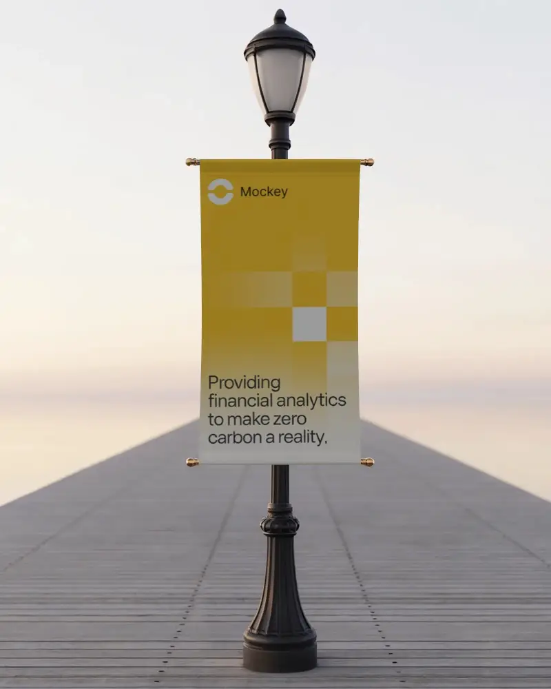 Lakeside Banner Mockup On Vintage Black Lamp Post With Boardwalk Path And Soft Morning Sky