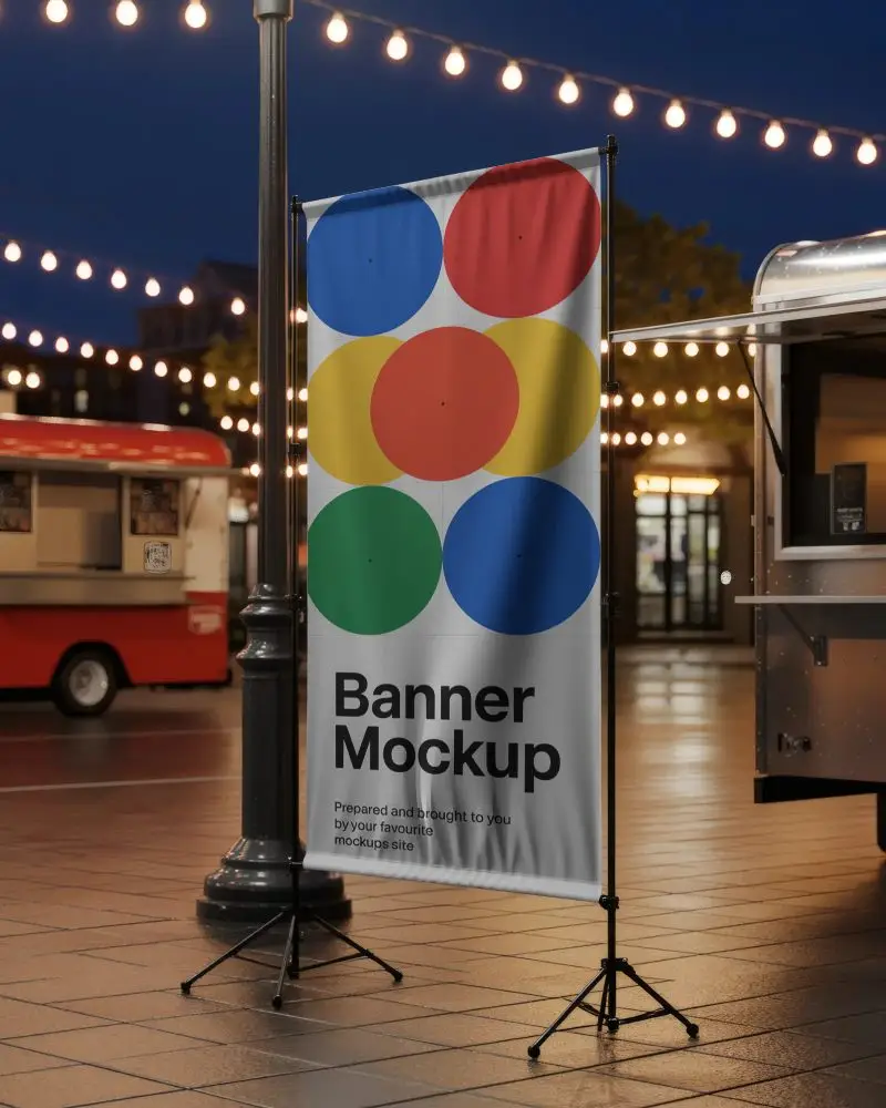 Night Market Banner Mockup With String Lights And Food Truck In Cozy Urban Outdoor Setting