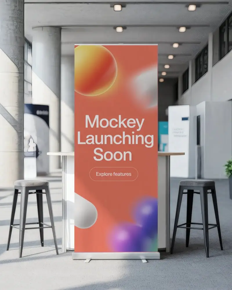 Indoor Event Banner Mockup In Modern Conference Hall With Stools And Sunlight From Glass Windows
