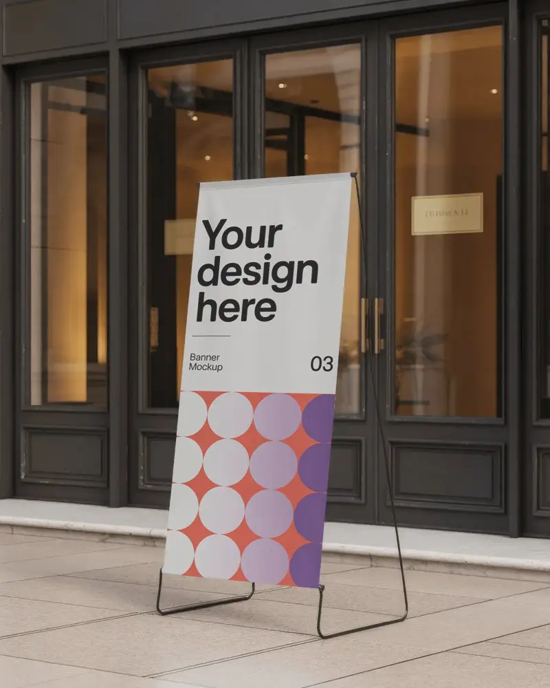 Elegant Boutique Entrance Banner Mockup On Tiled Floor With Glass Doors And Warm Interior Lighting