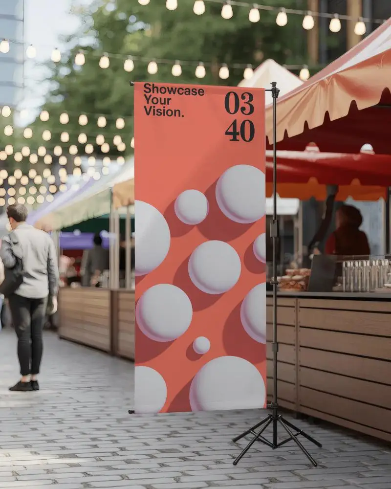 Outdoor Food Stall Banner Mockup At Evening Street Market With Crowd And Decorative Lights