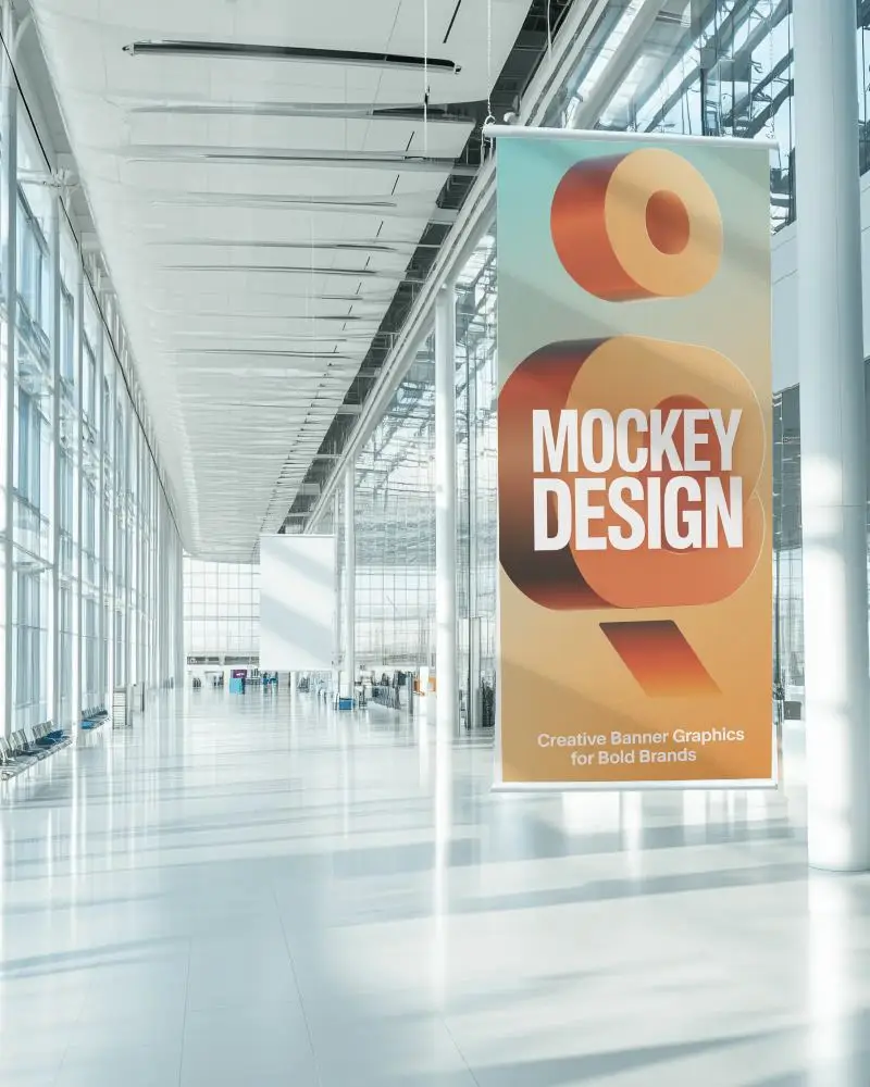 Vertical Banner Mockup Hanging In Modern Airport Terminal With Glass Walls And Bright Light
