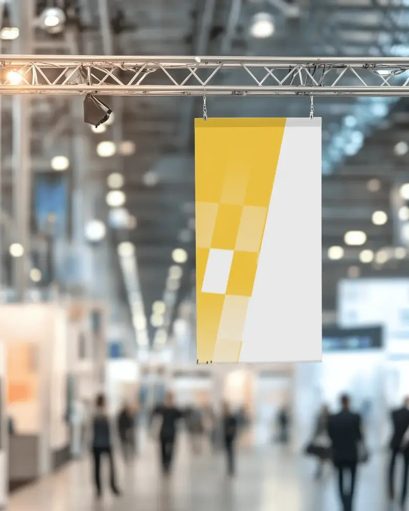 Large Stage Banner Mockup Inside Conference Hall With Spotlights And Empty Theatre Seats