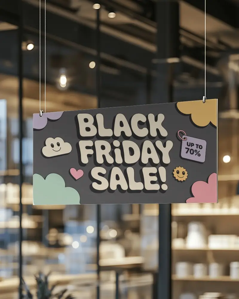 Modern Indoor Hanging Banner Mockup Suspended In Minimal Luxury Store Interior With Glass Background