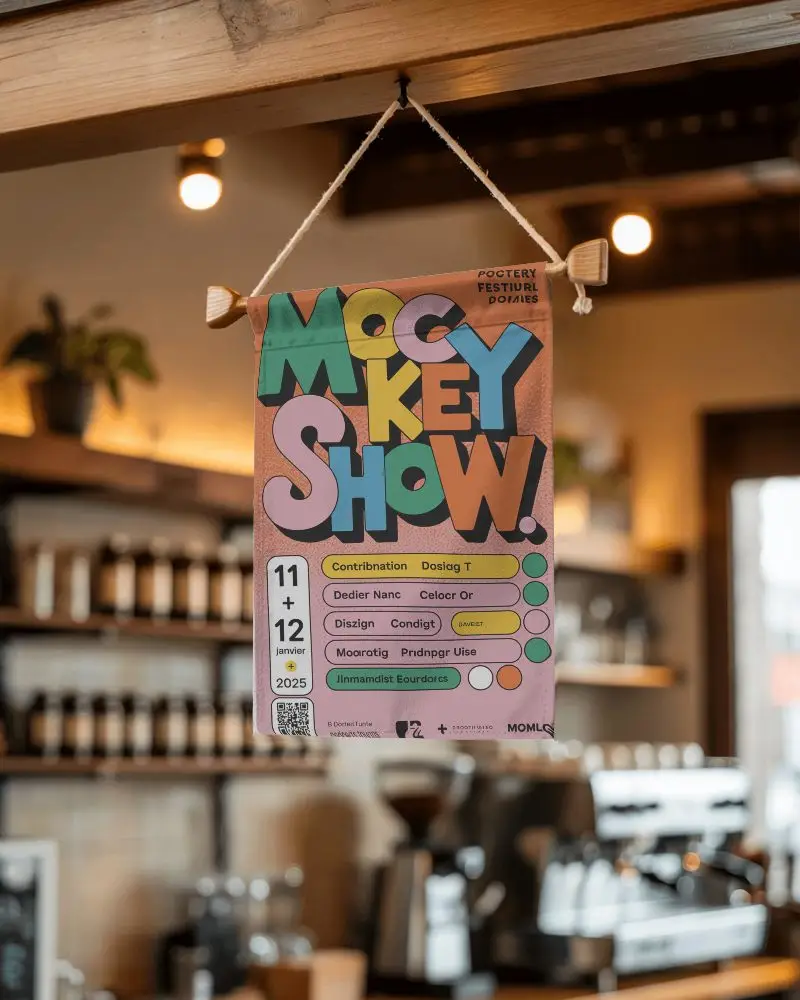 Wood Frame Banner Mockup String Mounted Banner In Brewery Style Cafe With Soft Focus Warm Lighting