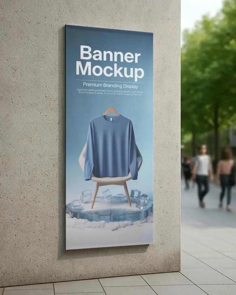 City Street Vertical Banner Mockup Blank Banner On Exterior Wall With Blurred Pedestrians