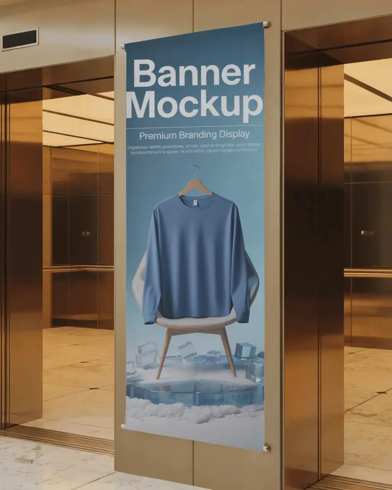 High End Building Banner Mockup Clean Banner Display Near Open Elevator With Warm Light Reflections