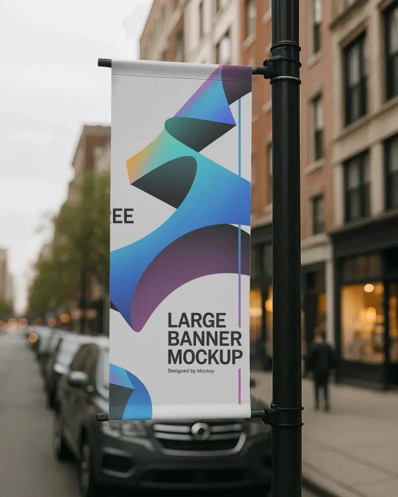 Metropolitan Street Banner Mockup Empty Fabric Banner On Lamppost With Cars And Buildings