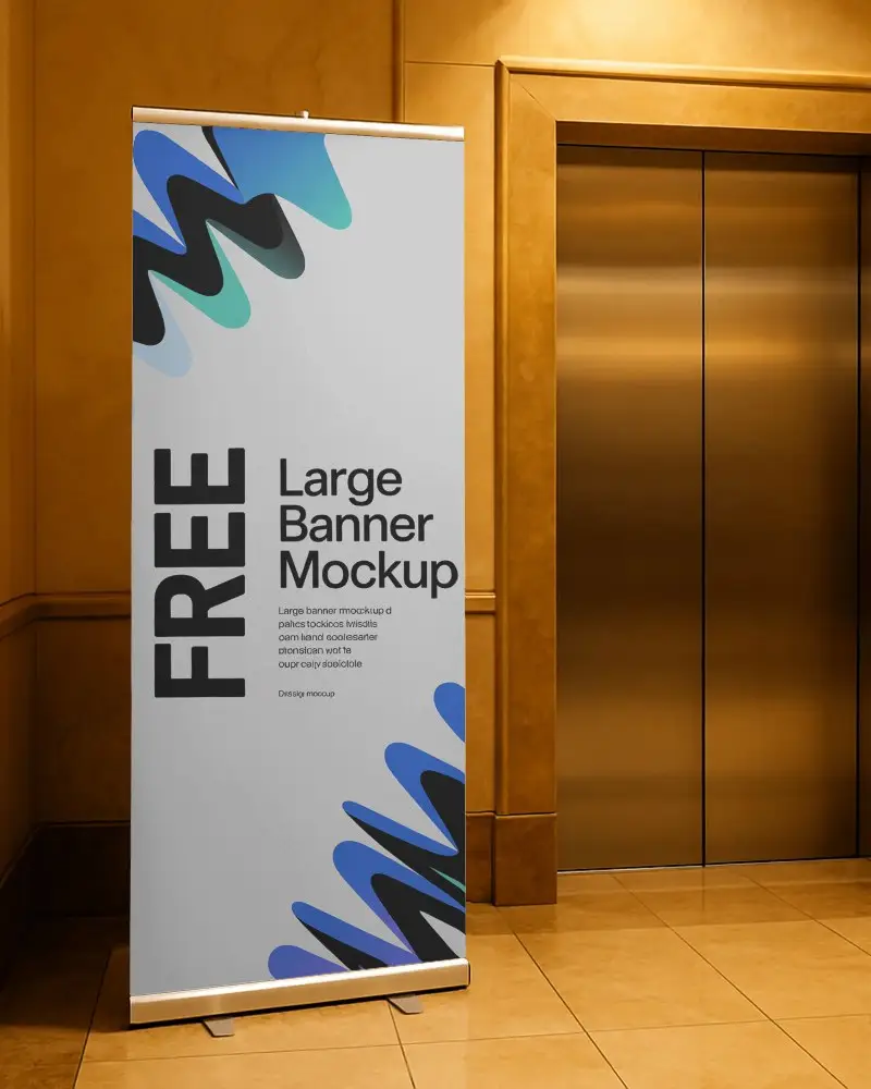 Luxury Interior Vertical Banner Mockup Standing Near Elevator In Elegant Lobby With Golden Walls