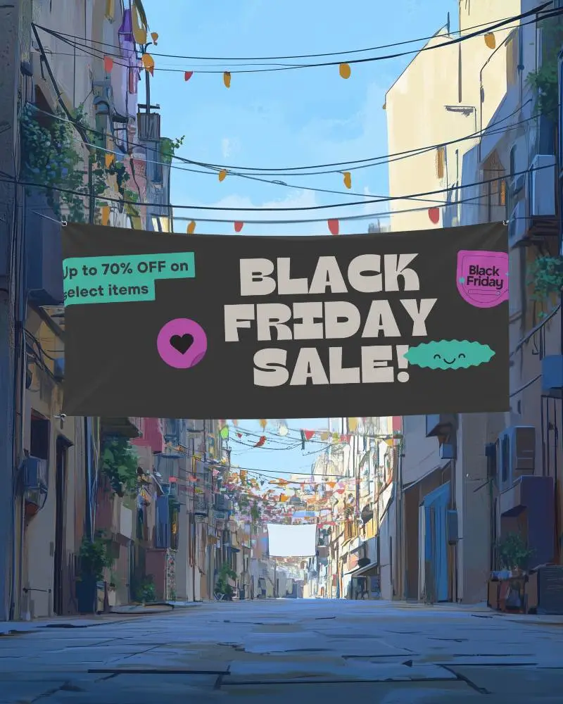 Stylized Street Banner Mockup Hanging Between Buildings In Colorful Alleyway With Festive Decor And Blue Sky