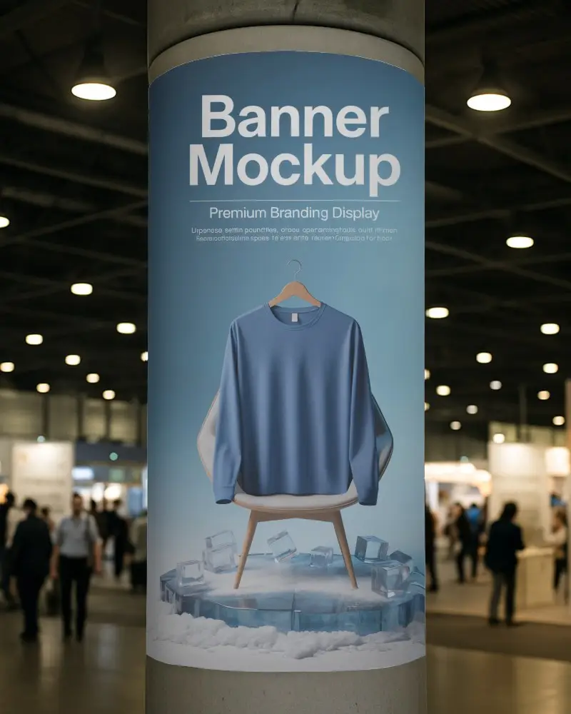 Vertical Column Banner Mockup Mounted On Round Pillar In Modern Exhibition Hall With Soft Blurred Crowd
