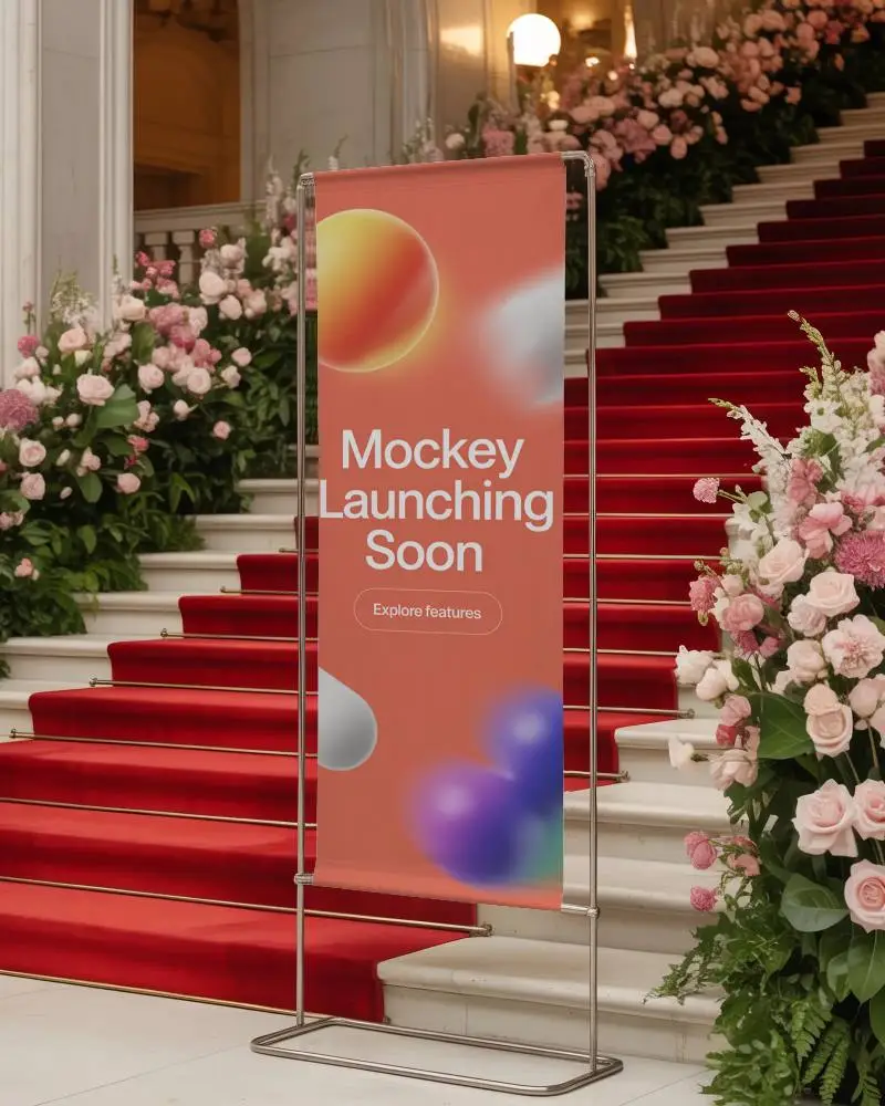 Event Promotion Banner Mockup On Elegant Red Carpet Staircase With Floral Decor