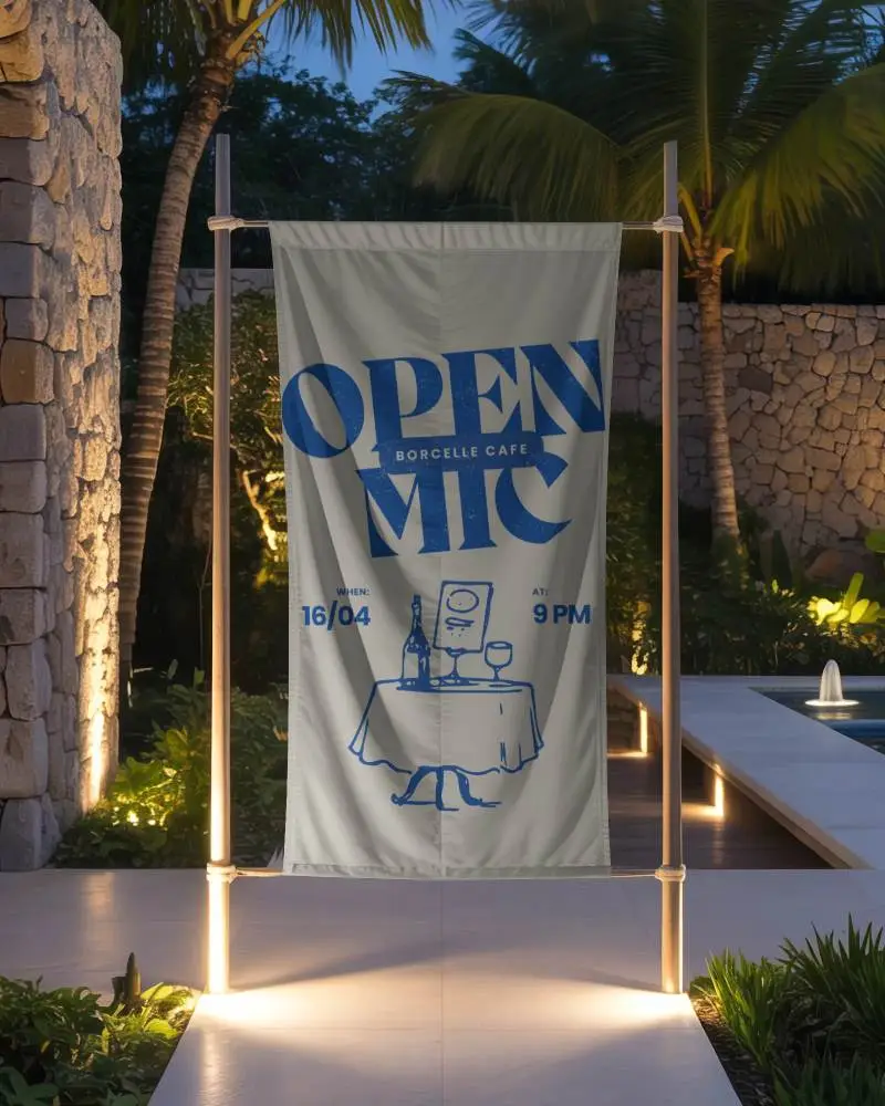 Outdoor Advertising Banner Mockup Hanging On Poles With Nighttime Garden Background