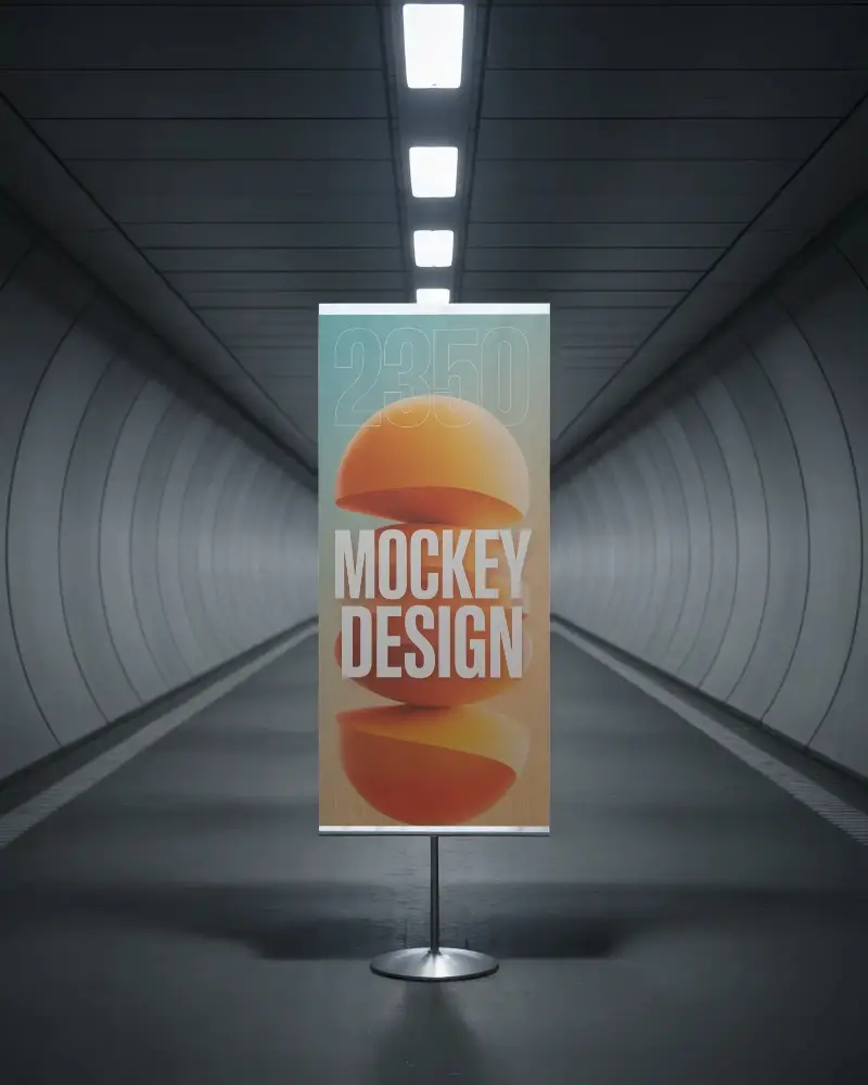 Sleek Floor Standing Banner Mockup In Contemporary Tunnel Environment Background