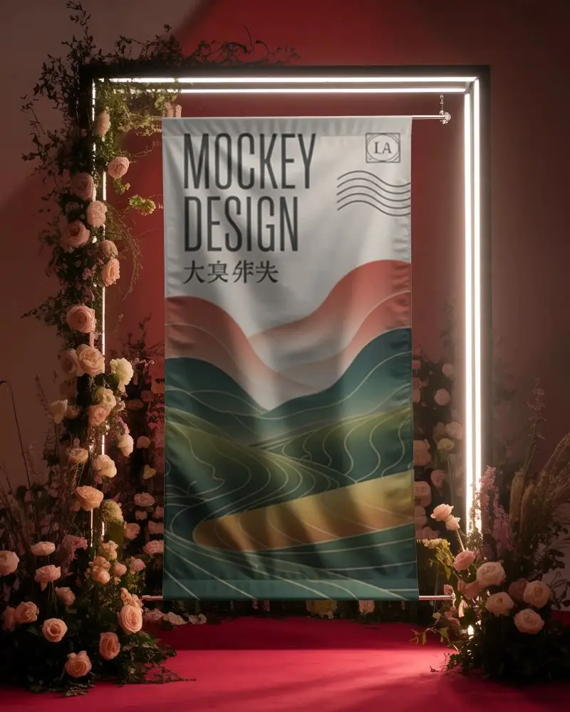 Vertical Hanging Banner Mockup In Luxurious Floral Setting For Promotional Display