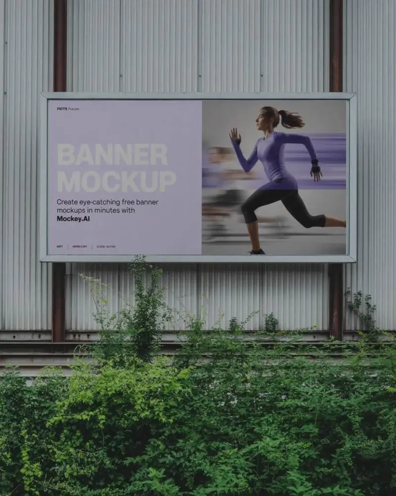 Blank Outdoor Advertising Banner Mockup On Industrial Wall With Urban Greenery