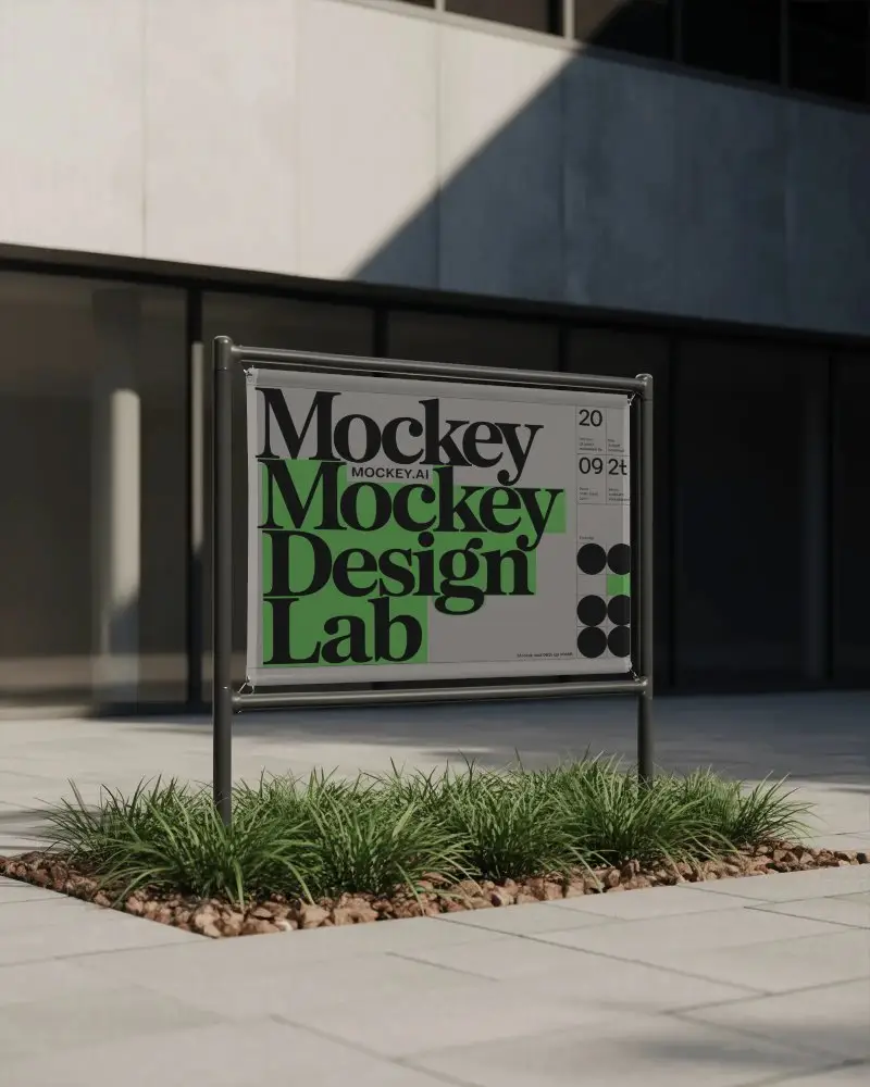 Outdoor Advertising Banner Mockup On Metal Frame For Promotional Campaigns In Urban Area