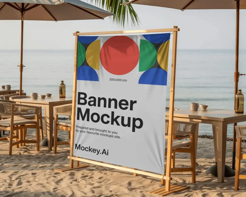 Outdoor Summer Dining Blank Banner Mockup Display Seaside Restaurant Wooden Frame Decoration